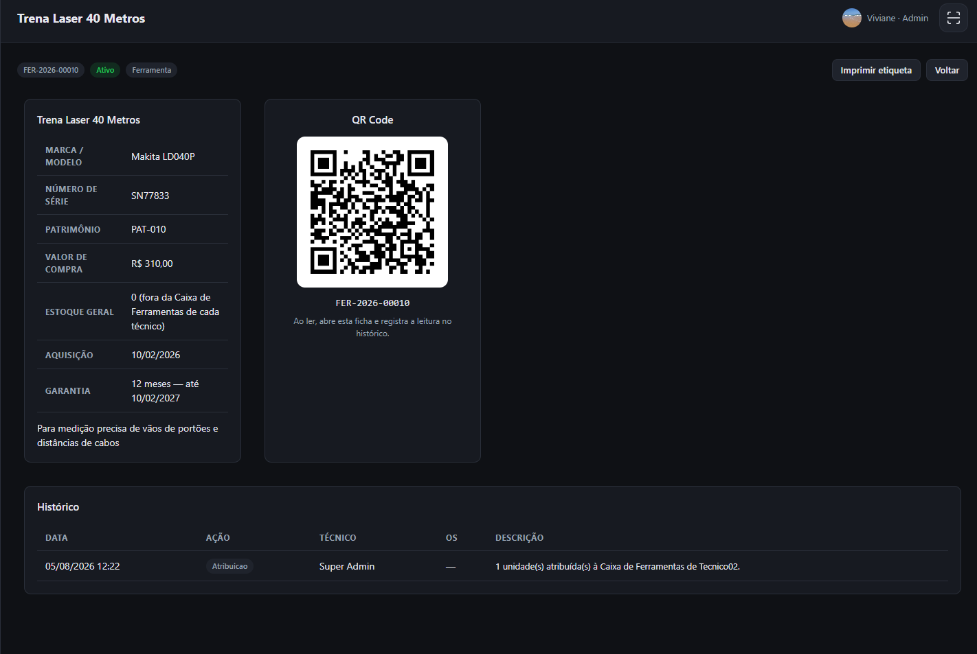 Ficha de um equipamento com QR Code e histórico de movimentação