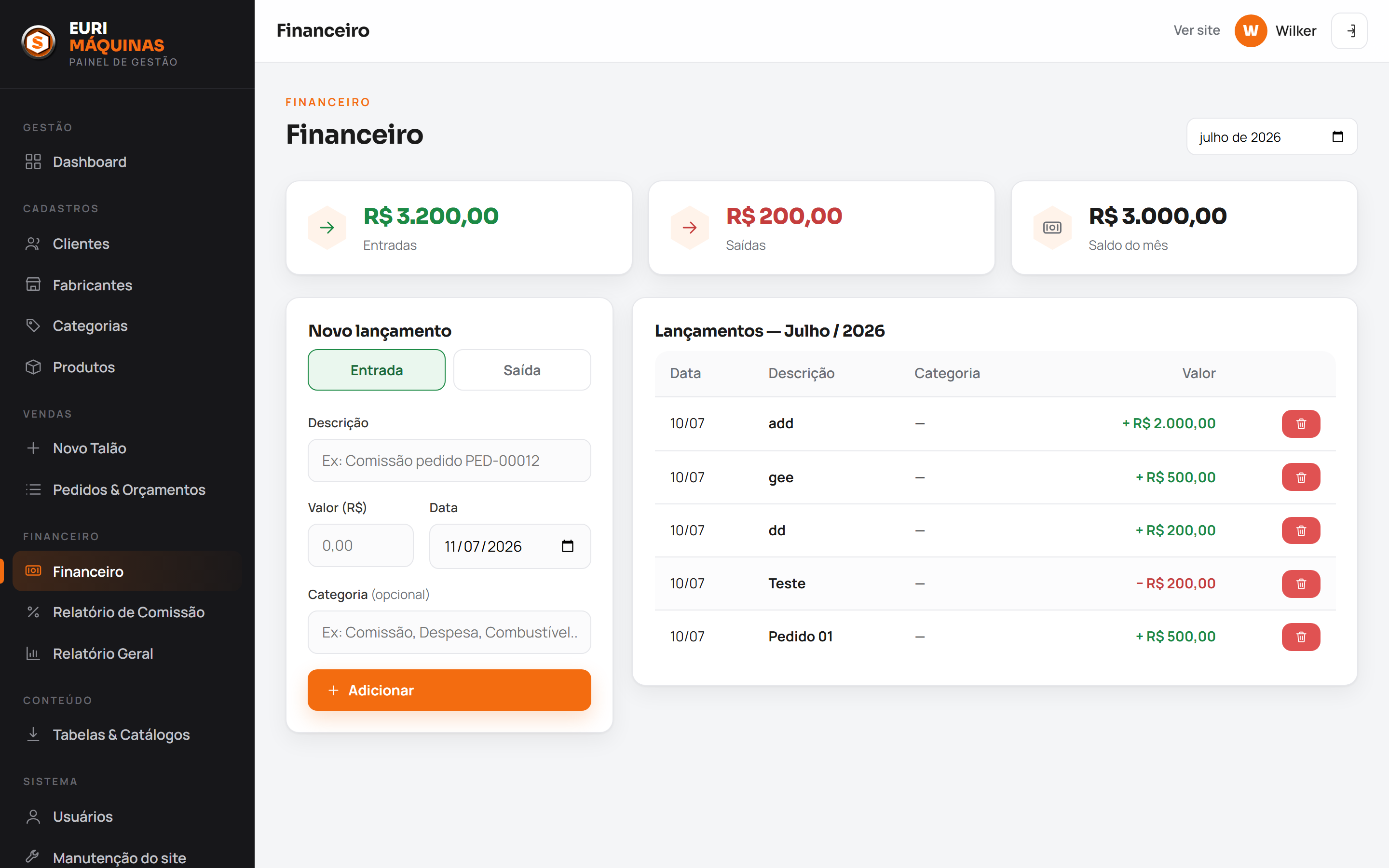 Financeiro de entradas e saídas